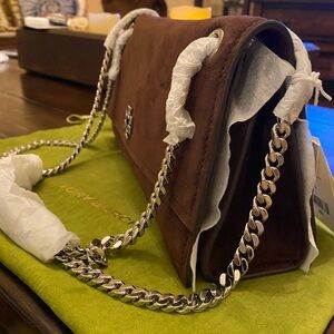 Tory Burch Kira Turnlock Dark Chocolate Suede Shoulder Bag Silver Chain Strap